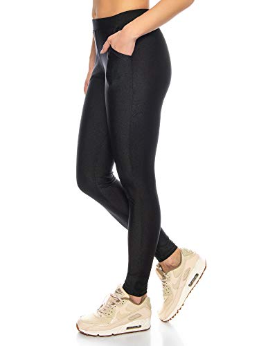 Kendindza leggings brillantes brillo con bolsillos | Opaco | cintura alta elástica (Negro (cintura elástica ancha), S)