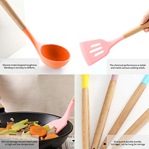 KEPEAK Juego de Utensilios Cocina Silicona, Espátula Antiadherente Juego Colores con Soporte, Mango Madera Resistente al Calor, Herramientas para Hornear, Tenazas, Cucharón, Accesorio Multiusos