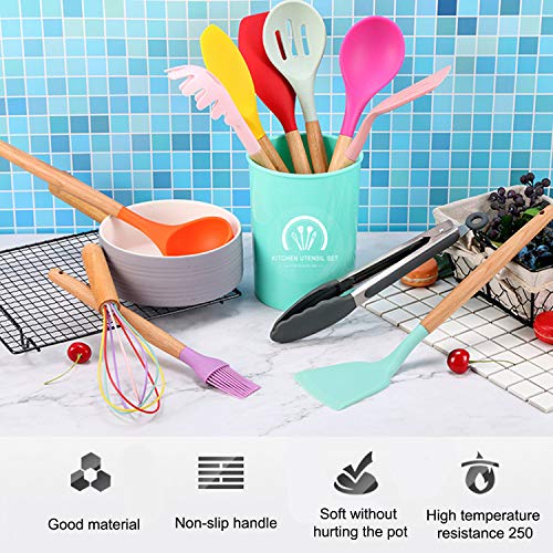 KEPEAK Juego de Utensilios Cocina Silicona, Espátula Antiadherente Juego Colores con Soporte, Mango Madera Resistente al Calor, Herramientas para Hornear, Tenazas, Cucharón, Accesorio Multiusos