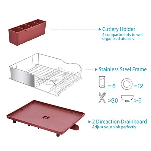 Kingrack Escurreplatos de acero inoxidable, estante de secado de platos con marco antioxidante, diseño opcional de 2 direcciones, extraíble y grande, soporte para utensilios de cocina, color rojo