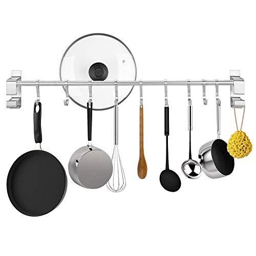 KINLO Baldas Pared Adhesiva Sin Perforar 【Des.Cuento】 Colgador NO SE OXIDARÁ de Aluminio con 9 Ganchos Soporte/Organizador para Utensilios de Cocina/Baño Barra para Ropa/Toalla/Cuchara/Sartén