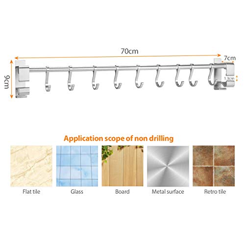 KINLO Baldas Pared Adhesiva Sin Perforar 【Des.Cuento】 Colgador NO SE OXIDARÁ de Aluminio con 9 Ganchos Soporte/Organizador para Utensilios de Cocina/Baño Barra para Ropa/Toalla/Cuchara/Sartén