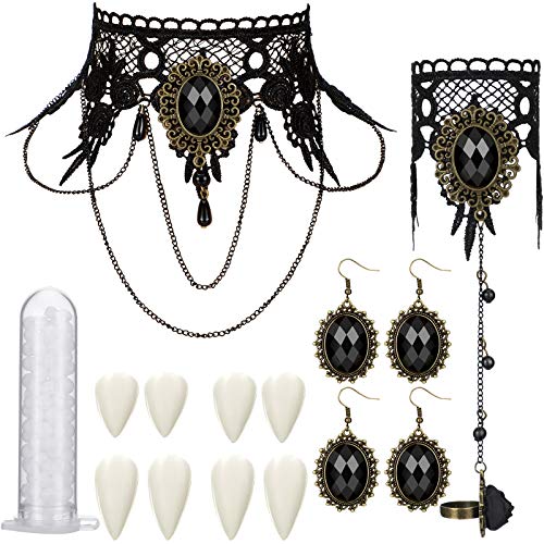 Kit de Decoración de Halloween de 17 Piezas Dentaduras Colmillos Dientes de Vampiro y Pulsera Aretes Gargantilla Góticos 2 por Cada, Accesorios de Disfraz de Zombi para Niñas (Adhesivo Incluido)