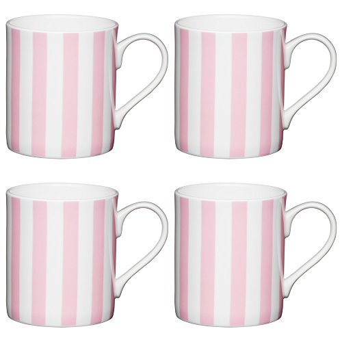 Kitchencraft Fine Stripe 'de los niños pequeños diseño tazas, 250 ml (Juego de 4), Bone China, Blanco/Rosa, 10,5 x 7,5 x 8,5 cm