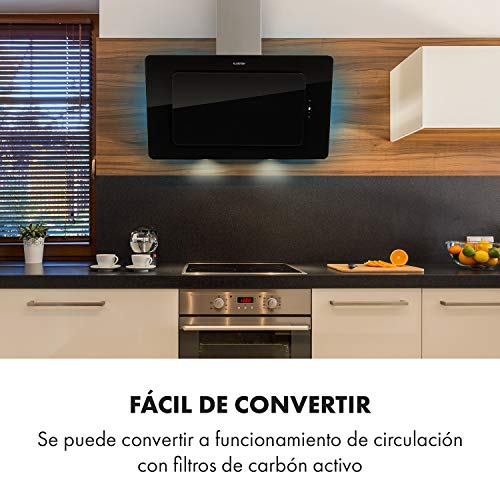 Klarstein Helena 90 Campana extractora - de pared, 90 cm de ancho, 3 intensidades, 595 m³/h, Iluminación conmutable, Iluminación de ambiente opcional, 9 colores, Eficiencia energética clase A, Negro