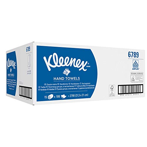 Kleenex 06789100 6789 Toallas de Papel Plegado, 15 Paquetes de 186 Hojas de Papel, 2 Capas, Tecnología Absorbente Airflex, Color: Blanco