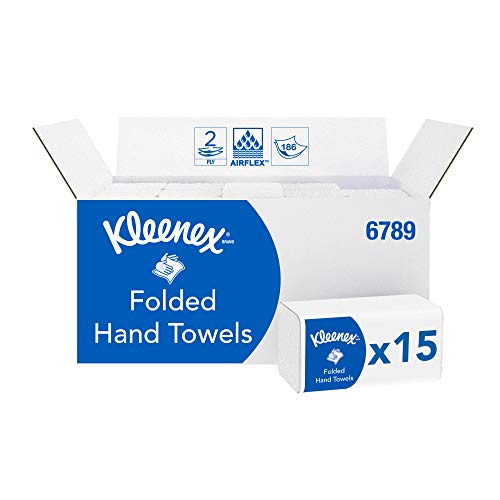 Kleenex 06789100 6789 Toallas de Papel Plegado, 15 Paquetes de 186 Hojas de Papel, 2 Capas, Tecnología Absorbente Airflex, Color: Blanco