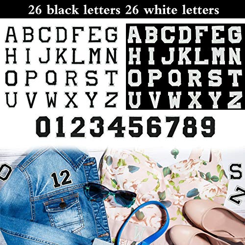 KLYNGTSK 62 PCS Parches de Planchar de Letras y Números Bordados Letras Termoadhesivas Decorativa DIY Parches Alfabeto de Tela para Zapatos Sombrero Ropa Bolsa (Negro y Blanco)