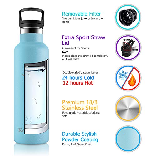 KollyKolla Botella de Agua Acero Inoxidable, Termo Sin BPA Ecológica Reutilizable, Botella Termica con Pajita y Filtro, Water Bottle para Niños & Adultos, Deporte, Oficina, Yoga, (500ml Azul Cielo)