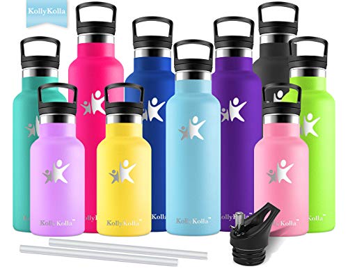 KollyKolla Botella de Agua Acero Inoxidable, Termo Sin BPA Ecológica Reutilizable, Botella Termica con Pajita y Filtro, Water Bottle para Niños & Adultos, Deporte, Oficina, Yoga, (500ml Azul Cielo)