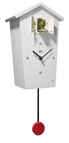 KOOKOO Birdhouse Blanco, Reloj cucu Design Moderno, Sonidos de 12 Aves o el Cuco, Reloj pájaros cantores c. péndulo, grabaciónes Naturales de Jean-Claude Roché