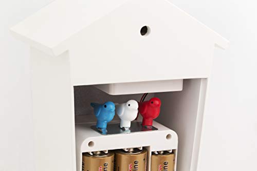 KOOKOO Birdhouse Blanco, Reloj cucu Design Moderno, Sonidos de 12 Aves o el Cuco, Reloj pájaros cantores c. péndulo, grabaciónes Naturales de Jean-Claude Roché