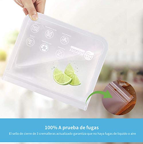 Korins Bolsas de Silicona Reutilizables,10 Piezas Bolsas Congelar Reutilizable,Bolsas Reutilizables para Almacenamiento de Alimentos para Fruta Sándwiches Verduras,1.5mm Súper Grueso Sello Sin BPA