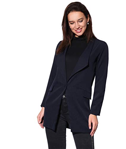 KRISP Blazer Mujer Largo Boyfriend Chaqueta Larga Elegante Talla Grande Boda, (Azul Marino, XS), 5403-NVY-XS