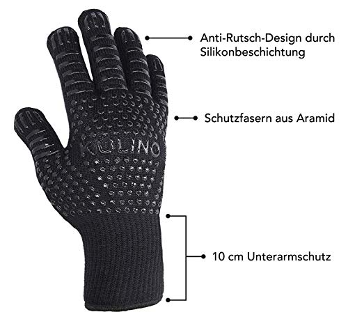 Kulino - Guantes para barbacoa resistentes al calor - Guante para barbacoa hasta 500 grados para asar, cocinar y hornear, Negro