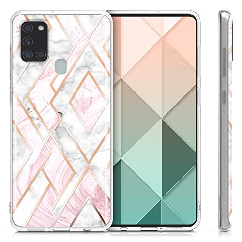 kwmobile Funda Compatible con Samsung Galaxy A21s - Carcasa de TPU y mármol y Oro en Oro Rosa/Blanco/Rosa Palo