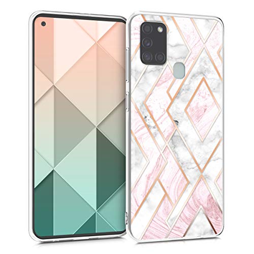 kwmobile Funda Compatible con Samsung Galaxy A21s - Carcasa de TPU y mármol y Oro en Oro Rosa/Blanco/Rosa Palo