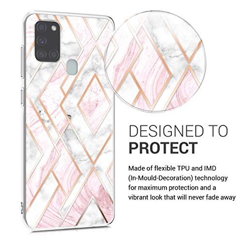 kwmobile Funda Compatible con Samsung Galaxy A21s - Carcasa de TPU y mármol y Oro en Oro Rosa/Blanco/Rosa Palo