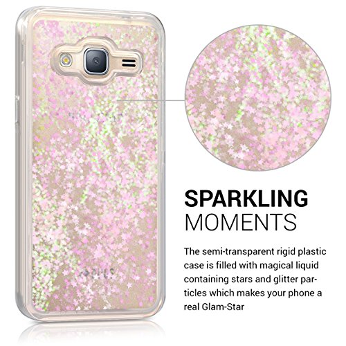 kwmobile Funda Compatible con Samsung Galaxy J3 (2016) DUOS - Carcasa de TPU para móvil - Cover Trasero Purpurina y Estrellas Rosa Claro/Transparente