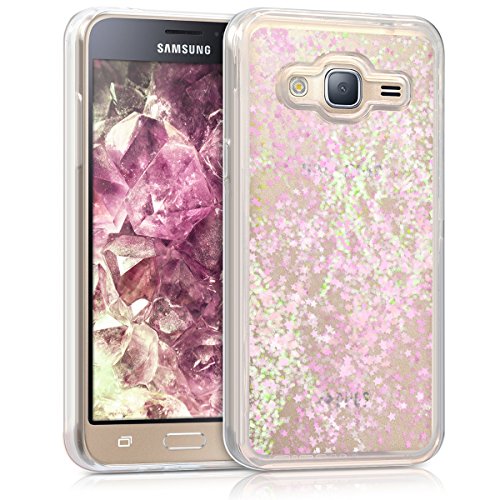 kwmobile Funda Compatible con Samsung Galaxy J3 (2016) DUOS - Carcasa de TPU para móvil - Cover Trasero Purpurina y Estrellas Rosa Claro/Transparente