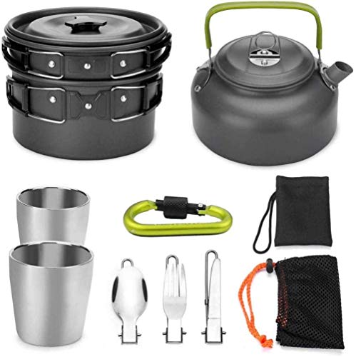 Kyman Conjunto de Aluminio Ligero de cocción Camping, 9 Piezas de Utensilios de Cocina con Tetera, Tetera, Taza, Langosta, Olla y sartén, Platos Plegables de Acero Inoxidable, Negro