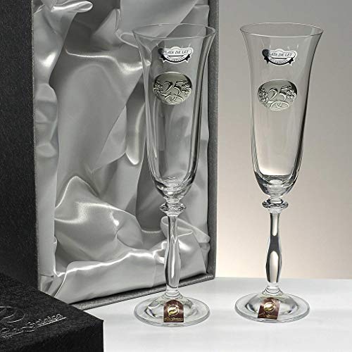 la galaica - Set de 2 Copas de Cristal de Champán Cava y Espumoso | Regalo para 25 Aniversario - Bodas de Oro y Plata | Angela | Incluye Aplique Bilaminado y Estuche de protección | Envío Rápido