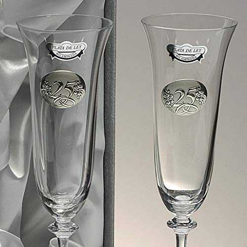 la galaica - Set de 2 Copas de Cristal de Champán Cava y Espumoso | Regalo para 25 Aniversario - Bodas de Oro y Plata | Angela | Incluye Aplique Bilaminado y Estuche de protección | Envío Rápido