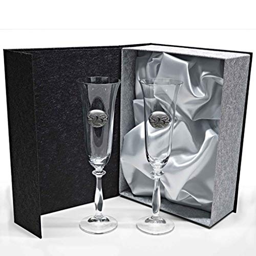 la galaica - Set de 2 Copas de Cristal de Champán Cava y Espumoso | Regalo para 25 Aniversario - Bodas de Oro y Plata | Angela | Incluye Aplique Bilaminado y Estuche de protección | Envío Rápido