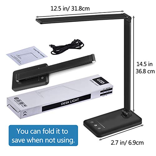 Lámpara Escritorio LED, Lámparas de Mesa USB Recargable con Temporizador, Plegable Luz con 5 Modos &5 Niveles de Brillo, Lámpara de Oficina Control Táctil Cuidado Ocular para Estudio Lectura, Negro