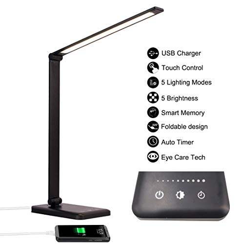 Lámpara Escritorio LED, Lámparas de Mesa USB Recargable con Temporizador, Plegable Luz con 5 Modos &5 Niveles de Brillo, Lámpara de Oficina Control Táctil Cuidado Ocular para Estudio Lectura, Negro