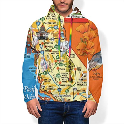 LAOLUCKY - Sudadera con capucha para hombre, diseño de mapa, diseño de California, diseño vintage con bolsillos grandes Negro Negro XL