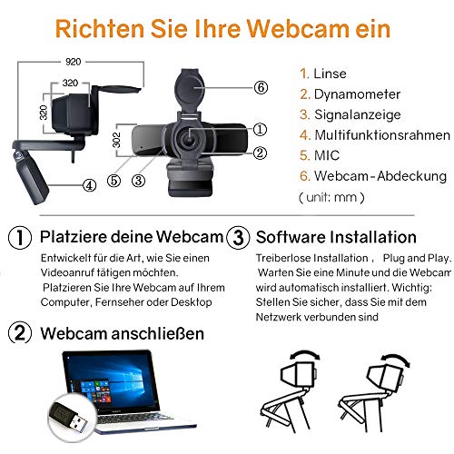 LarmTek Webcam HD 1080p con Obturador De Privacidad,Cámara Web para PC,Cámara Portátil con Micrófono,Videollamadas De Pantalla Panorámica y Soporte De Grabación para Conferencia,W3