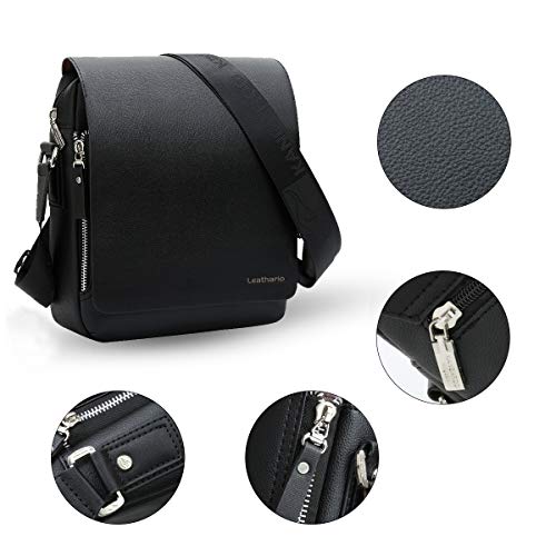 Leathario Bandoleras Hombre Piel Sintética Vintage Bolso Hombre Cuero PU Bolsa Mensajero Grande de Negocio Crossbody Bolso Cruzado de Hombro Casual Negro