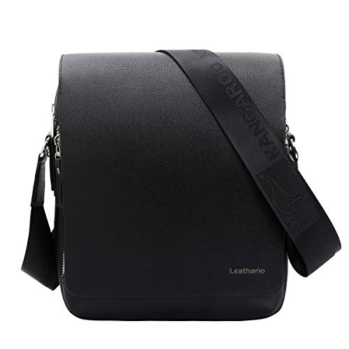 Leathario Bandoleras Hombre Piel Sintética Vintage Bolso Hombre Cuero PU Bolsa Mensajero Grande de Negocio Crossbody Bolso Cruzado de Hombro Casual Negro