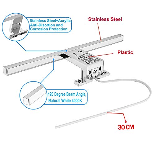 Led Espejo Luz Baño 5W 400LM 30cm 230V 4000K,Aogled Lámpara de Acero Inoxidable 3 en 1 IP44 Clase II,Diseño Delgado,Sin Parpadeo,Espejo No Regulable Frente/Gabinete/Iluminación de Pared Neutro Blanco