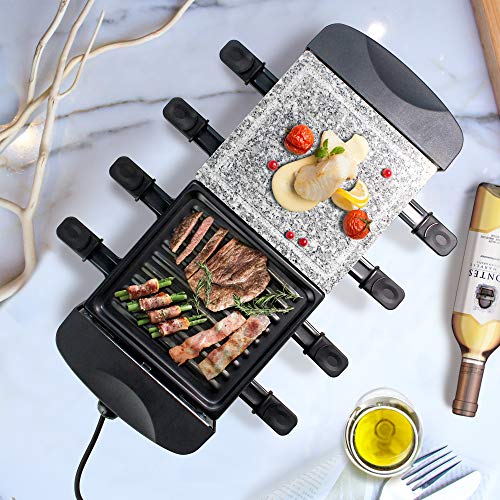 Leogreen - Raclette Grill con Piedra Natural y Crepera, Raclette 8 Personas con 8 Mini-Sartenes, Grill Electrico 1200W