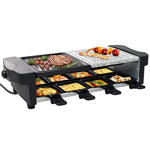 Leogreen - Raclette Grill con Piedra Natural y Crepera, Raclette 8 Personas con 8 Mini-Sartenes, Grill Electrico 1200W