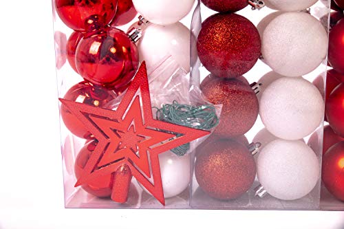 Lifestyle & More 60 Piezas Bolas de Navidad de 6cm, Adornos de Navidad para Arbol, Decoración de Bolas Navideños de Plástico Rojo Blanco Regalos de Colgantes de Navidad