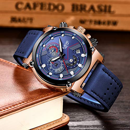 LIGE Hombre Relojes Moda Impermeable Relojes Clásico Negocios Analogicos Cuarzo Relojes con Ocio Azul Correa de Cuero Relojes