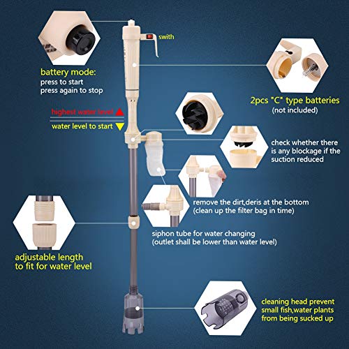 Limpiador de grava eléctrico para acuario, funciona con pilas sifón de tanque de peces herramienta de limpieza para cambiar de agua bomba de filtro para acuario (batería no incluida)