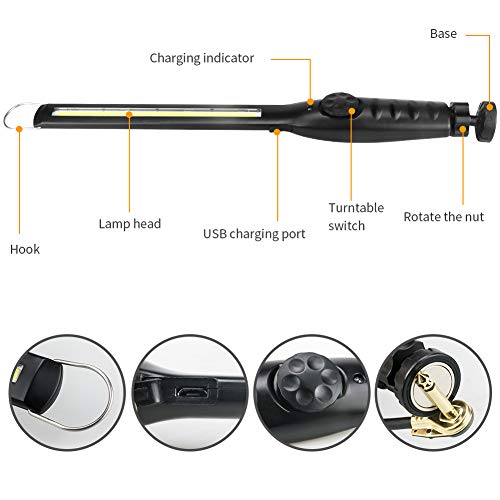 Linterna de Trabajo COB LED Recargable Iman Profesional, Linterna Trabajo LED Recargable USB, Luz de Trabajo Portatil, con Gancho, Base Imán, Cable USB para Casa Auto Camping Emergencia Reparacion