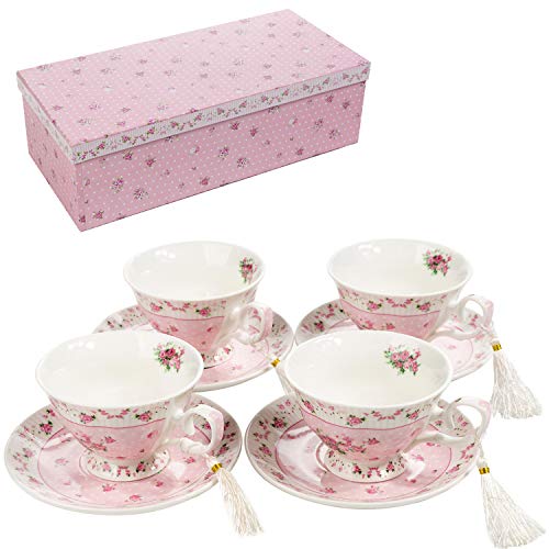 London Boutique Juego de 4 Tazas de té y platillo de Porcelana Estilo Shabby Chic, Vintage, Caja de Regalo