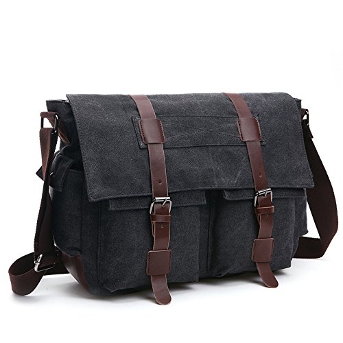 LOSMILE Hombres Lona Bolso de Bandolera La Bolsa de Mensajero Bolsa de Lona Bolsa de Hombro 16 Pulgadas Bolsa de Ordenador Messenger Bag (L, Negro)