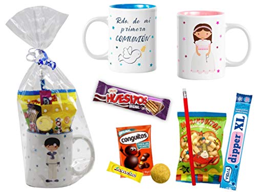 Lote de 4 Tazas de Cerámica con Golosinas Personalizables"Comunión"(Modelo a Elegir). Regalos y Juguetes para Fiestas de Cumpleaños, Bodas, Bautizos y Comuniones. DC (NIÑO)