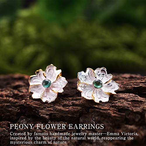 Lotus Fun S925 - Pendientes de Tuerca de Plata de Ley con Piedra Natural y Flor de peon¨ªa para Mujeres y ni?as, Hechos a Mano