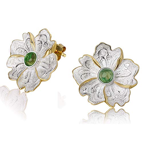 Lotus Fun S925 - Pendientes de Tuerca de Plata de Ley con Piedra Natural y Flor de peon¨ªa para Mujeres y ni?as, Hechos a Mano