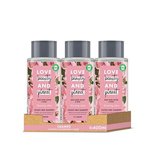 Love Beauty and Planet Champú para Cabello teñido, Manteca de Murumuru y Rosa Vegano - Pack de 3 x 400 ml (Total: 1200 ml)