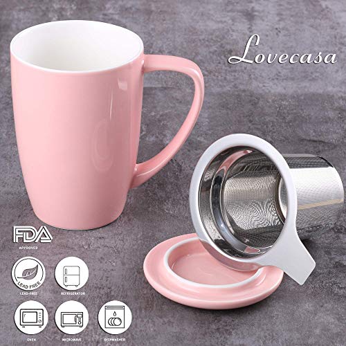 LOVECASA Tazas de Té con Tapa y Filtro Acero inoxidable 450 ML, Tisana de Porcelana Rosa