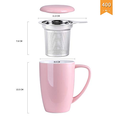 LOVECASA Tazas de Té con Tapa y Filtro Acero inoxidable 450 ML, Tisana de Porcelana Rosa