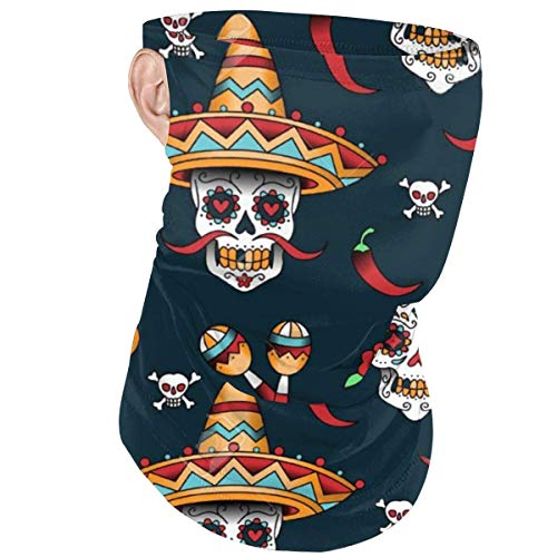 Lsjuee - Bandanas para mascarilla, calavera de azúcar mexicana con bufanda de guitarra de chile, pañuelos para el cuello, orejeras, diadema para motociclismo, deportes, exterior negro